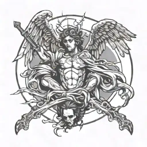 angel holding the head cut off demon   tattoo design idea