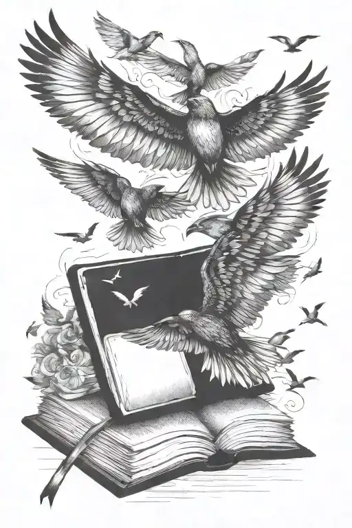 birds in flight coming out of book  tattoo design idea