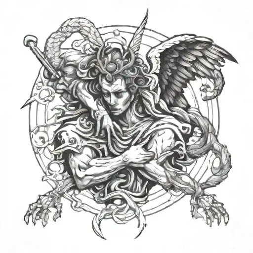 angel holding the head of a defeated demon tattoo design idea