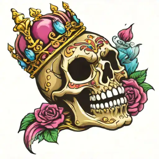 skull with mouth open laughing wearing a crown of jewels tattoo design idea