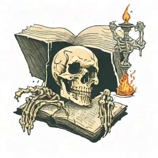 open bible laying flat with a candle burning skeleton suffering tattoo design idea