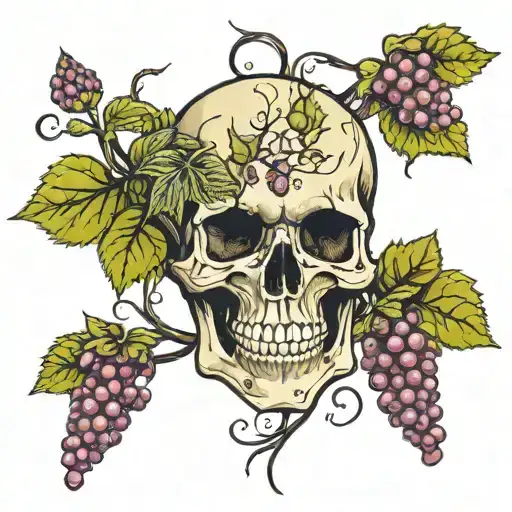 skull with grape vines coming out of it blooming   tattoo design idea