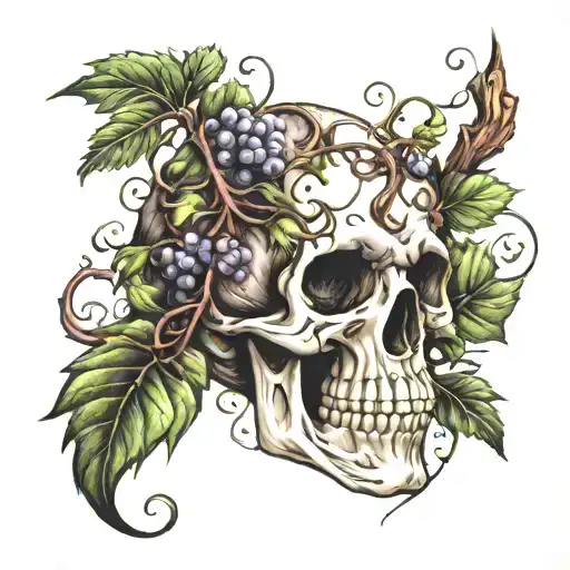 skull transforming into a grape vine wrapping tattoo design idea