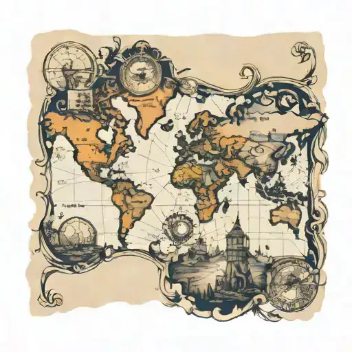 old world map with different areas of glory and destruction   tattoo design idea