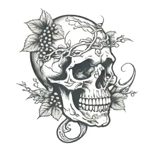 broken skull with grape vine tattoo design idea
