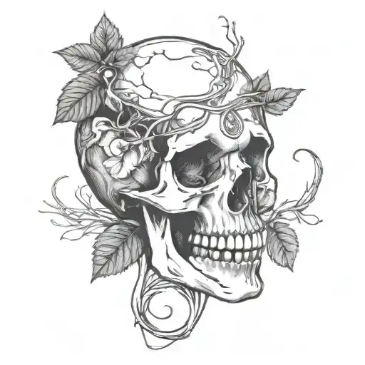 broken skull with grape vine tattoo design idea