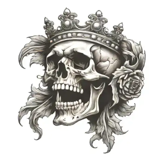 skull with mouth open wearing a crown of jewels tattoo design idea