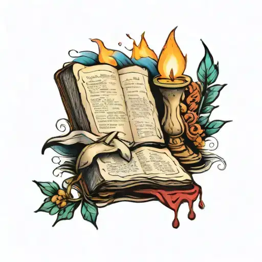 bible open with candle burning tattoo design idea