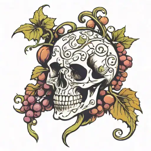 broken skull with grape vine tattoo design idea