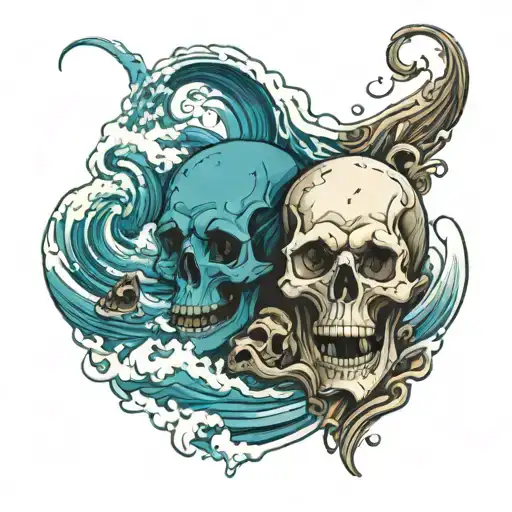 make a stormy ocean where the waves look like they are made of skulls, blend the skulls to be apart of the waves tattoo design idea