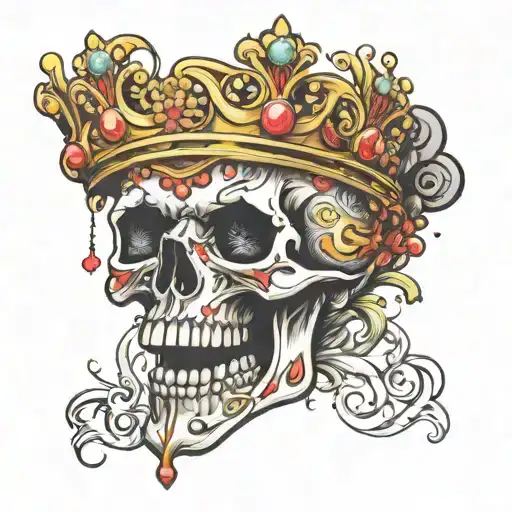 skull with mouth wide open wearing a crown of jewels tattoo design idea