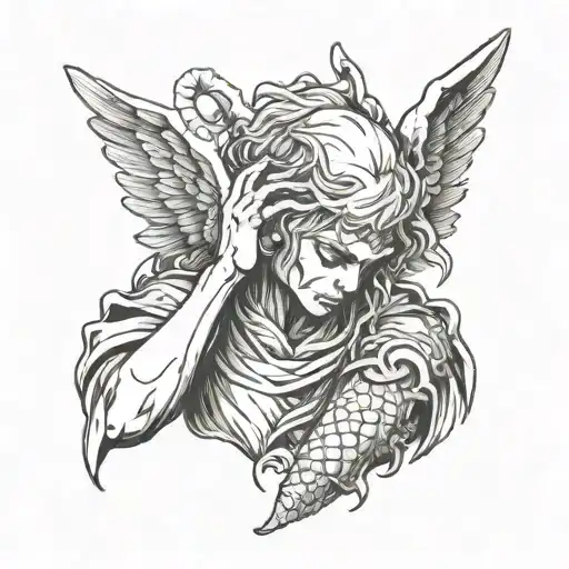 angel holding the head of defeated demon tattoo design idea