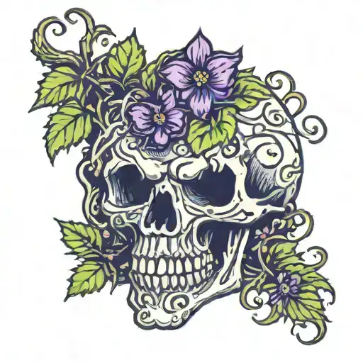 skull grape vines and flowers growing out of it  tattoo design idea