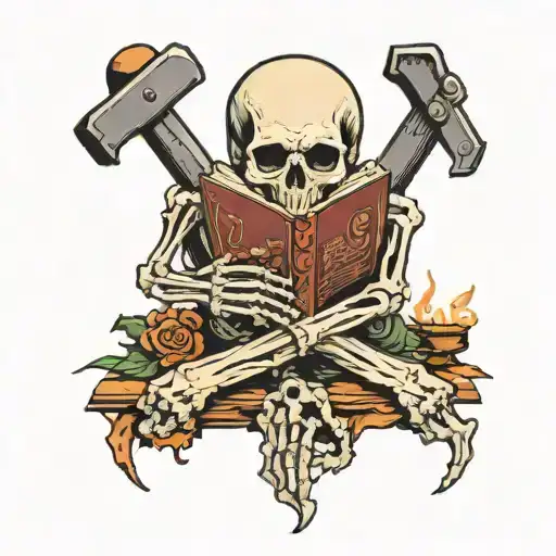 open bible laying flat with a candle burning skeleton suffering tattoo design idea