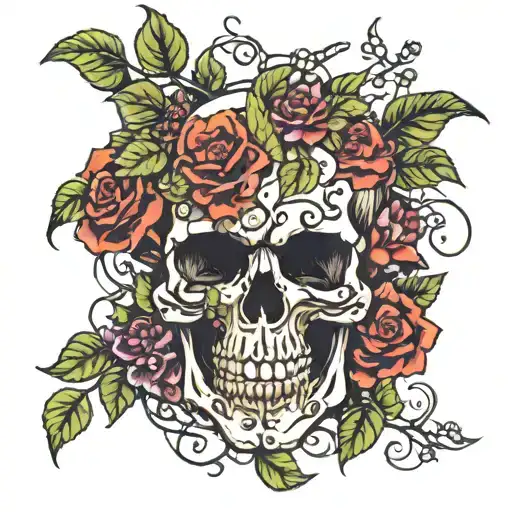 skull with vines coming out of it blooming  fruit  tattoo design idea