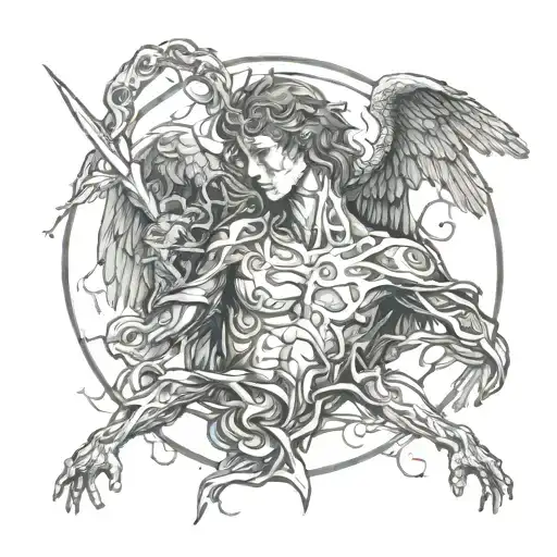 angel holding the head cut off devil tattoo design idea