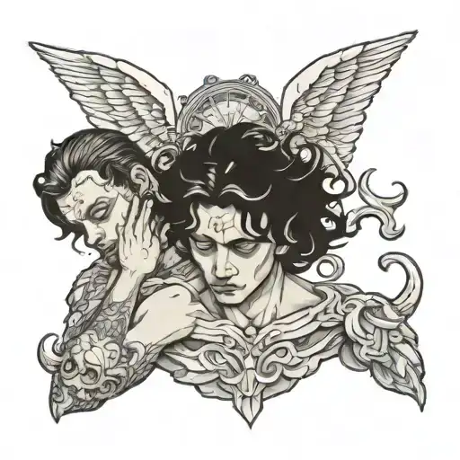 angel holding the head of defeated demon tattoo design idea
