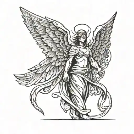 angel standing with wings tattoo design idea