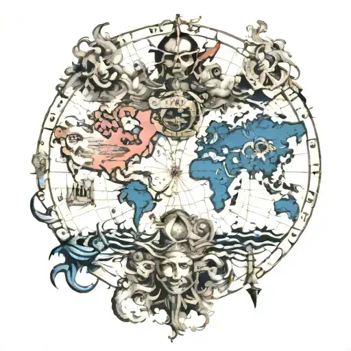 old world map with different areas of glory and destruction  demons  and heaven tattoo design idea