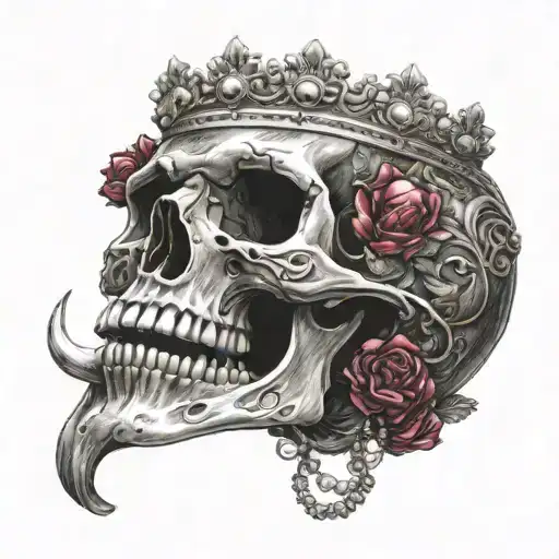 skull with mouth open wearing a crown of jewels tattoo design idea