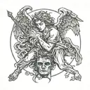 angel holding the head cut off devil tattoo design idea