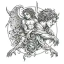 angel holding the head cut off devil tattoo design idea