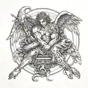 angel holding the head cut off devil tattoo design idea