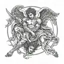 angel holding the head cut off devil tattoo design idea