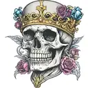 skull with mouth open wearing a crown of jewels facing forward tattoo design idea