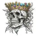 skull with mouth open wearing a crown of jewels facing forward tattoo design idea