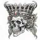 skull with mouth open wearing a crown of jewels facing forward tattoo design idea