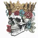 skull with mouth open wearing a crown of jewels facing forward tattoo design idea