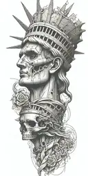 Statue of liberty turned into a map with skull head with a bandana covering the face tattoo design idea