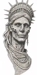 Statue of liberty turned into a map with skull head with a bandana covering the face tattoo design idea