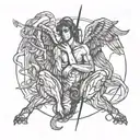 angel holding the head of a defeated demon tattoo design idea