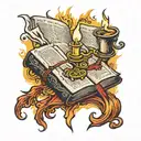open bible laying flat with a candle burning   tattoo design idea