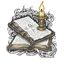 open bible laying flat with a candle burning   tattoo design idea
