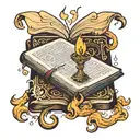 open bible laying flat with a candle burning   tattoo design idea