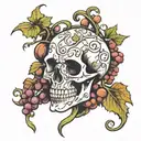 broken skull with grape vine tattoo design idea