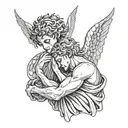 angel holding the head of defeated demon tattoo design idea