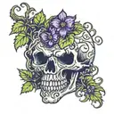 skull grape vines and flowers growing out of it  tattoo design idea
