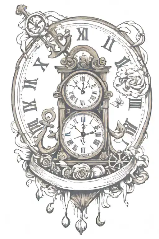 broken clock with anchor and family with one heart  tattoo design idea