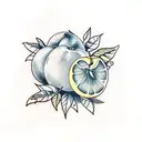 a peach and an orange with leaves surrounding them tattoo design idea