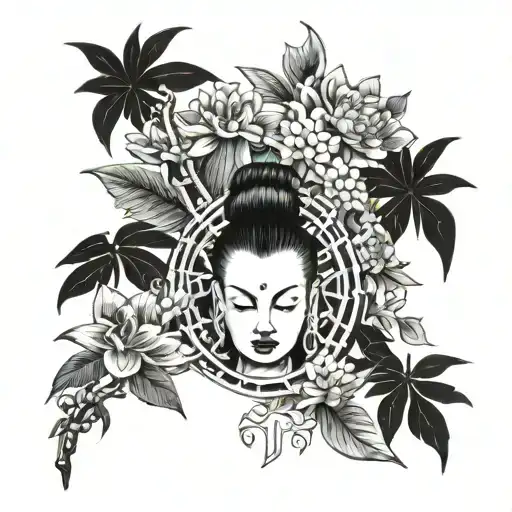 filling up sleeve. with zen. om mane padme hum. bamboos.  tattoo design idea