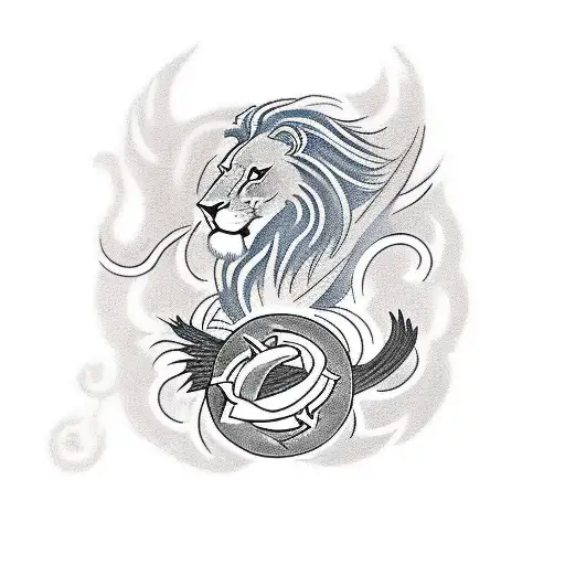 A lion and a phoenix intertwined, symbolizing strength and renewal tattoo design idea
