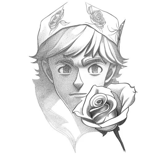 A black and grey portrait of Peter Pan holding a rose with the Venezuelan flag in the background tattoo design idea