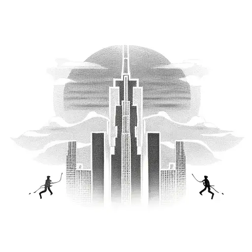 A black and grey tattoo of the skyline of Caracas, Venezuela, with Peter Pan flying above it, h tattoo design idea