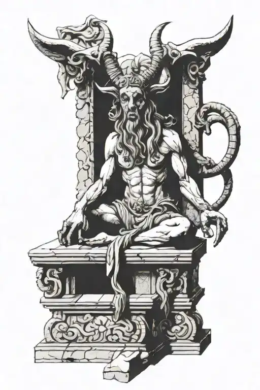 a rough carved stone statue of baphomet sitting in a carved stone alcove tattoo design idea