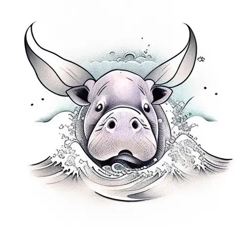 ukiyo baby hippo with a wave backgroup tattoo design idea