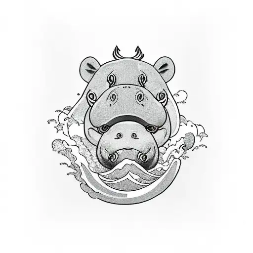 ukiyo baby hippo with a wave backgroup tattoo design idea